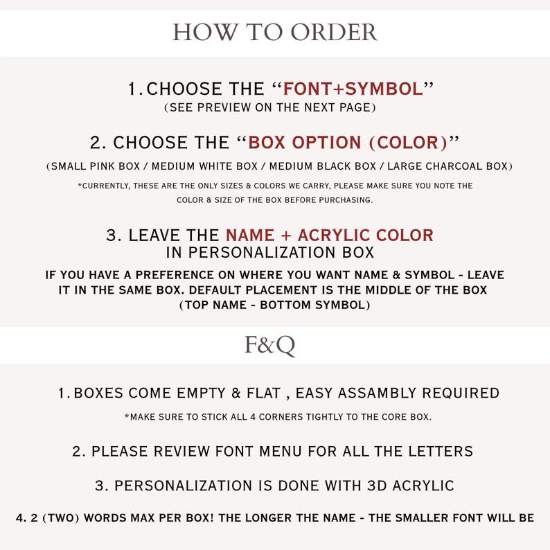 The image is a page with instructions on how to order a box, including choosing a font and symbol, selecting a box option, and personalizing the box with a name and symbol.
