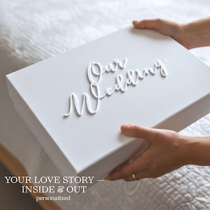 May include: A white box with the words "Our Wedding" in cursive script on the lid. The box is held by a person. The text "YOUR LOVE STORY - INSIDE & OUT personalized" is at the bottom.