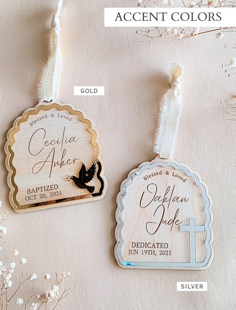 Custom Baptism Ornament for Baby Christening Keepsake Gift to Godson Dedication Sign Christmas Ornament Baptized Kids Faith Milestone Gold image 5