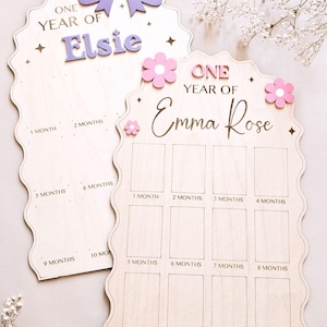 First Year Baby Photo Board Personalized Wooden Milestone Sign Baby Keepsake 12 Month Picture Frame First Birthday Party Christening Decor image 1