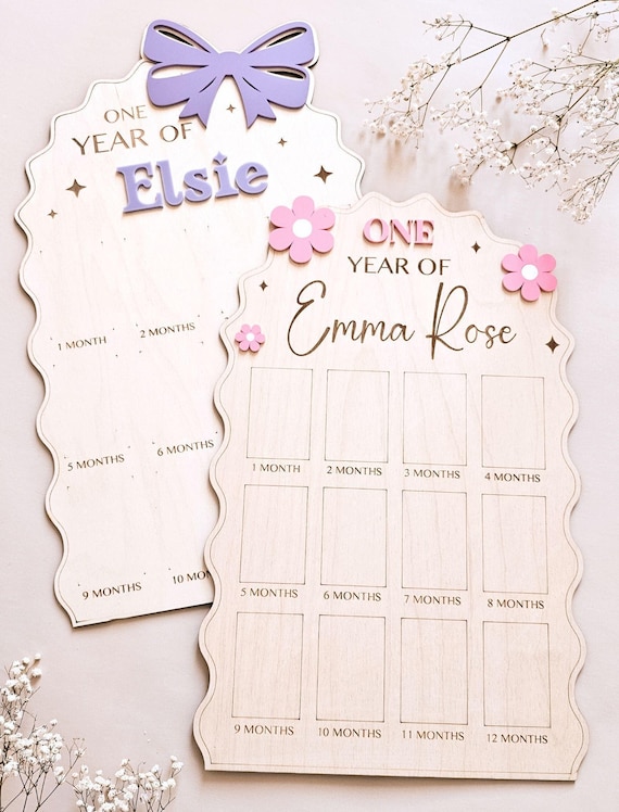 First Year Baby Photo Board Personalized Wooden Milestone Sign Baby Keepsake 12 Month Picture Frame First Birthday Party Christening Decor