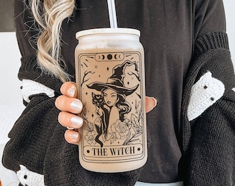 Witch Tarot Tumbler Iced Coffee Witch Cup Moon Witch Cup Crystals Tarot Card Glass Tumbler Celestial Glass Cup Witchy Gift Cup Mystical Goth