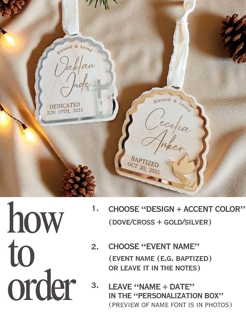 Custom Baptism Ornament for Baby Christening Keepsake Gift to Godson Dedication Sign Christmas Ornament Baptized Kids Faith Milestone Gold image 3