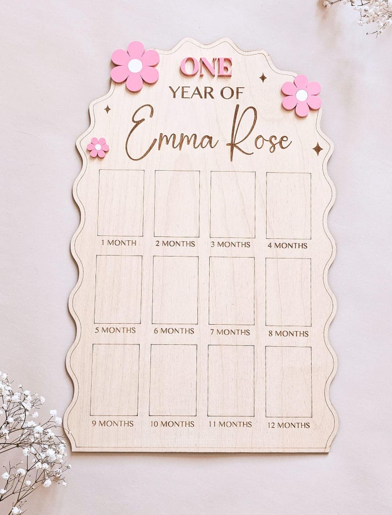 First Year Baby Photo Board Personalized Wooden Milestone Sign Baby Keepsake 12 Month Picture Frame First Birthday Party Christening Decor image 8