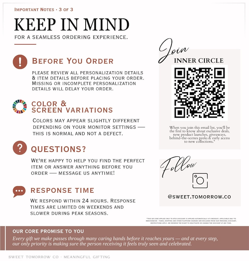 The image is a promotional flyer for a company called "Sweet Tomorrow". It features a color and screen variation, a question and answer section, and a response time section. The flyer emphasizes the company's promise to provide a seamless ordering experience and mentions that every gift makes a difference.