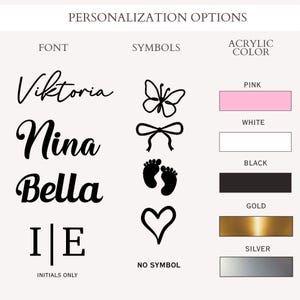 a selection of personalized options for a name, including font, symbols, color, initials, and a heart.