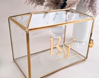 Bridal Shower Gift Card Box Glass Personalized Wedding Keepsake Box Monogram Bride And Groom Name Brass Gold Keepsake Envelope Holder Box