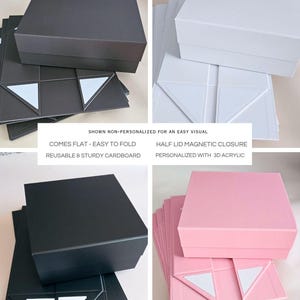 a variety of gift boxes, each with different colors and sizes, arranged in a grid format. The boxes are labeled with details such as the size, color, and material.