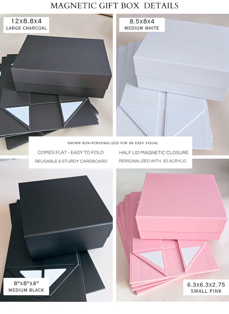 a variety of gift boxes, each with different colors and sizes, arranged in a grid format. The boxes are labeled with details such as the size, color, and material.