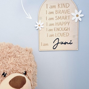 Letrero de positividad para habitación infantil, letrero de madera con afirmación positiva, recordatorio diario para habitación de niña, decoración de margaritas, autoestima positiva para niños pequeños. imagen 9