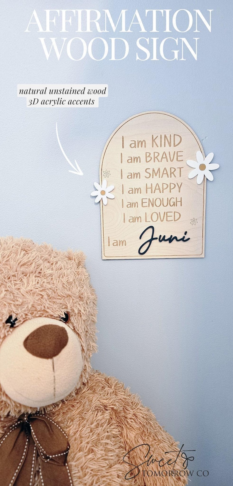 Letrero de positividad para habitación infantil, letrero de madera con afirmación positiva, recordatorio diario para habitación de niña, decoración de margaritas, autoestima positiva para niños pequeños. imagen 9