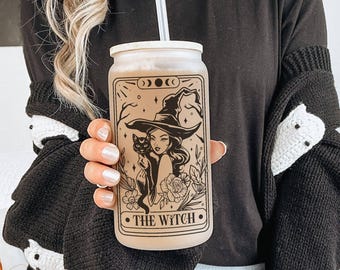 Witch Tarot Tumbler Iced Coffee Witch Cup Moon Witch Cup Crystals Tarot Card Glass Tumbler Celestial Glass Cup Witchy Gift Cup Mystical Goth