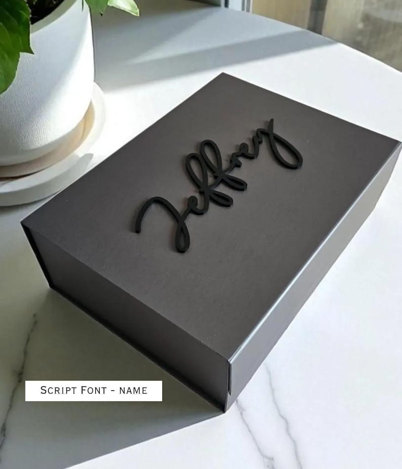 Caja magnética negra personalizada para hombre, acrílico 3D, nombre, embalaje moderno de lujo, caja de regalo vacía para hombre, recuerdo para esposo, paquete de obsequios para padrinos de boda. imagen 8