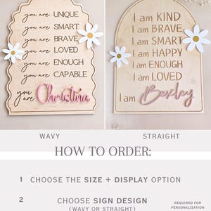 Letrero de positividad para habitación infantil, letrero de madera con afirmación positiva, recordatorio diario para habitación de niña, decoración de margaritas, autoestima positiva para niños pequeños. imagen 6
