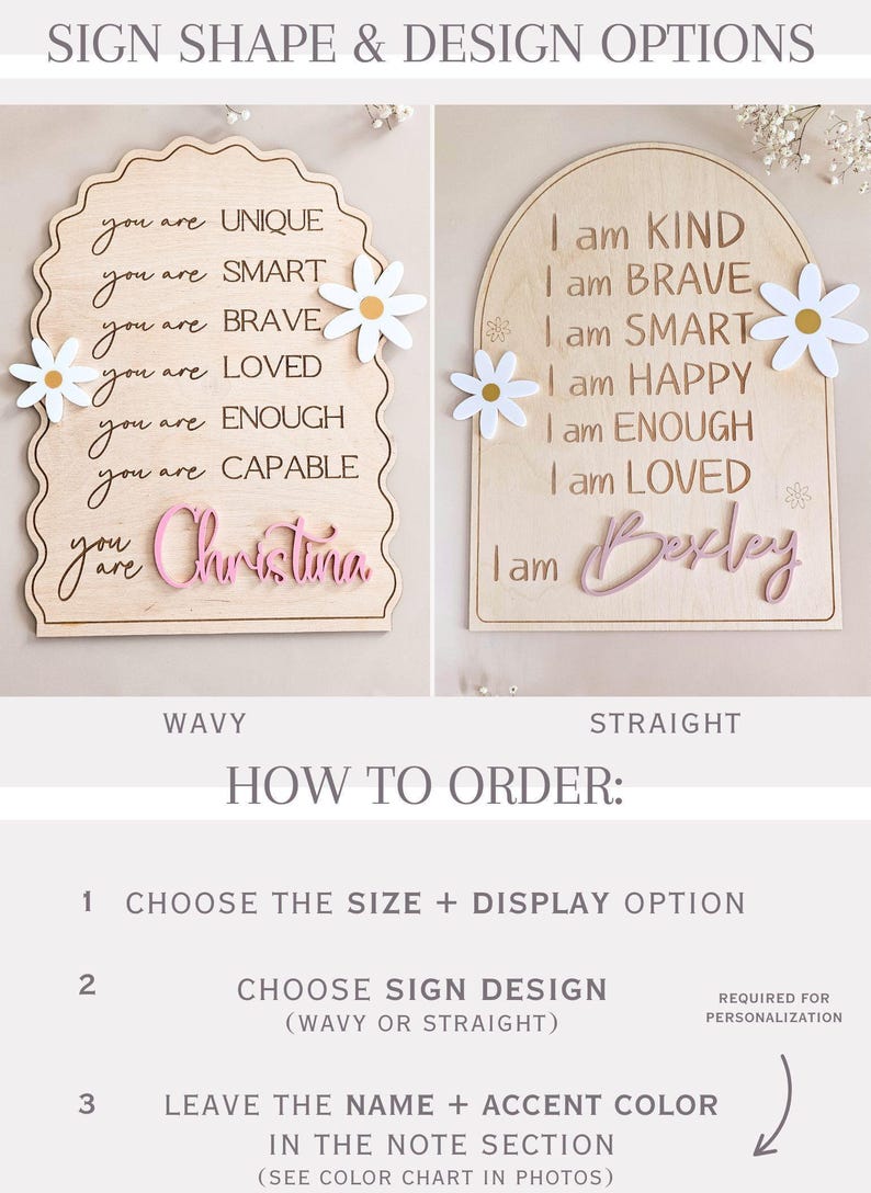 Letrero de positividad para habitación infantil, letrero de madera con afirmación positiva, recordatorio diario para habitación de niña, decoración de margaritas, autoestima positiva para niños pequeños. imagen 6