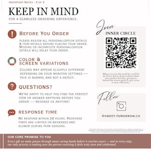 The image is a promotional flyer for a company called "Sweet Tomorrow". It features a color and screen variation, a question and answer section, and a response time section. The flyer emphasizes the company's promise to provide a seamless ordering experience and mentions that every gift makes a difference.