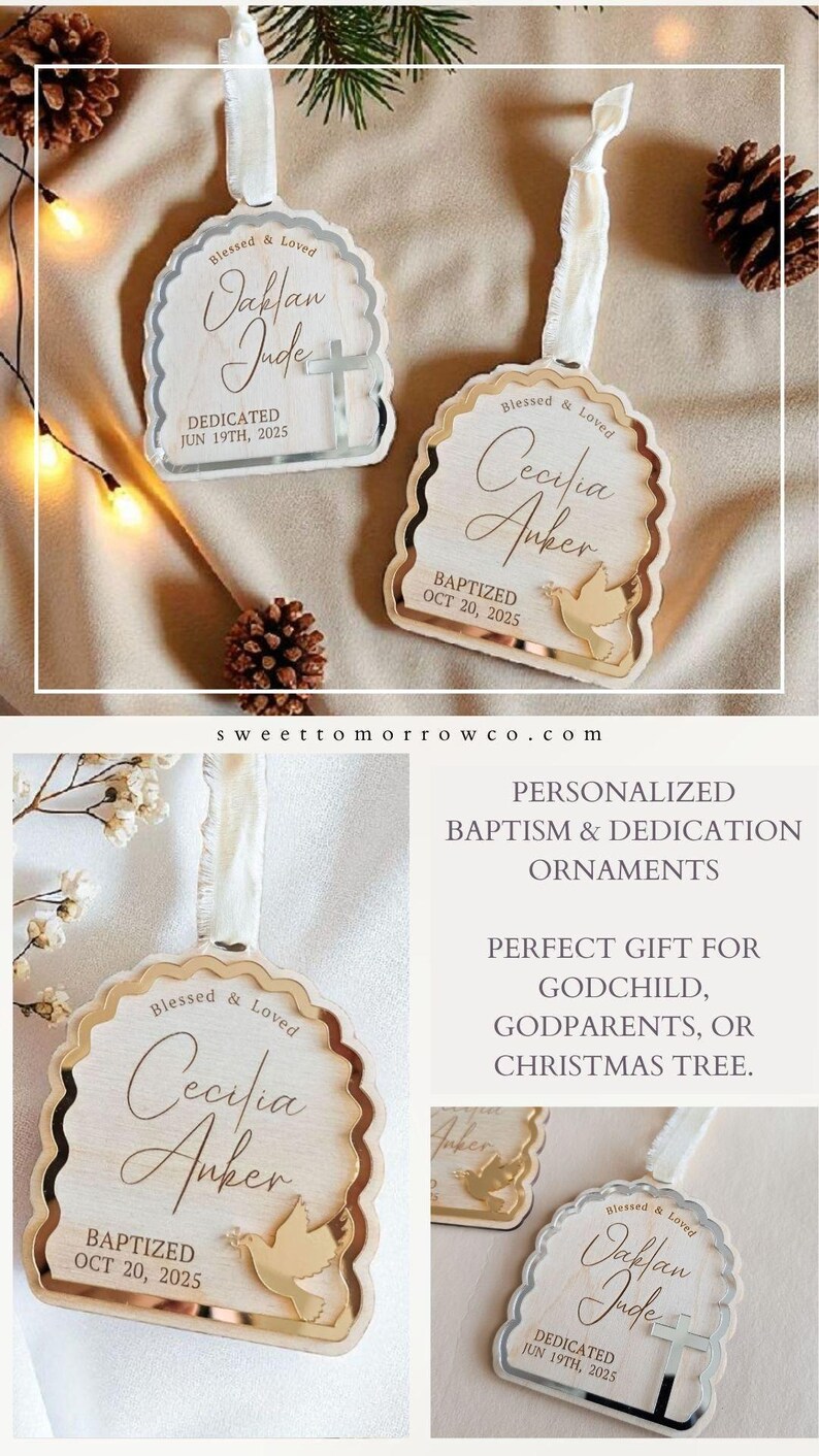 Custom Baptism Ornament for Baby Christening Keepsake Gift to Godson Dedication Sign Christmas Ornament Baptized Kids Faith Milestone Gold image 10