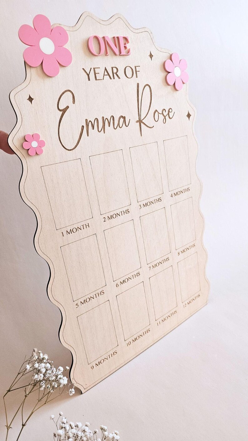 First Year Baby Photo Board Personalized Wooden Milestone Sign Baby Keepsake 12 Month Picture Frame First Birthday Party Christening Decor image 7