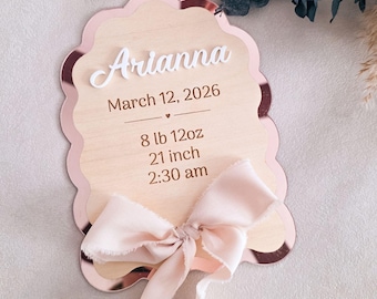 Coquette Birth Stats Sign Baby Girl Scalloped Bow Personalized Newborn Keepsake Nursery Decor Hospital Photo Prop Birth Announcement Sign