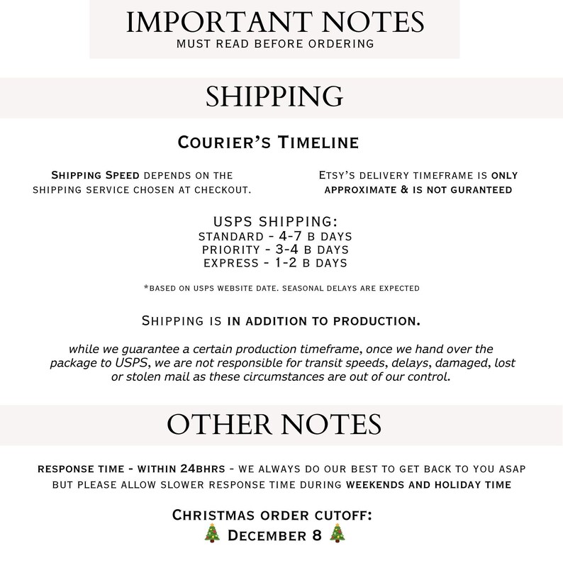several important notes about shipping and customer service, including details about the shipping service, USPS shipping, and other customer service information.