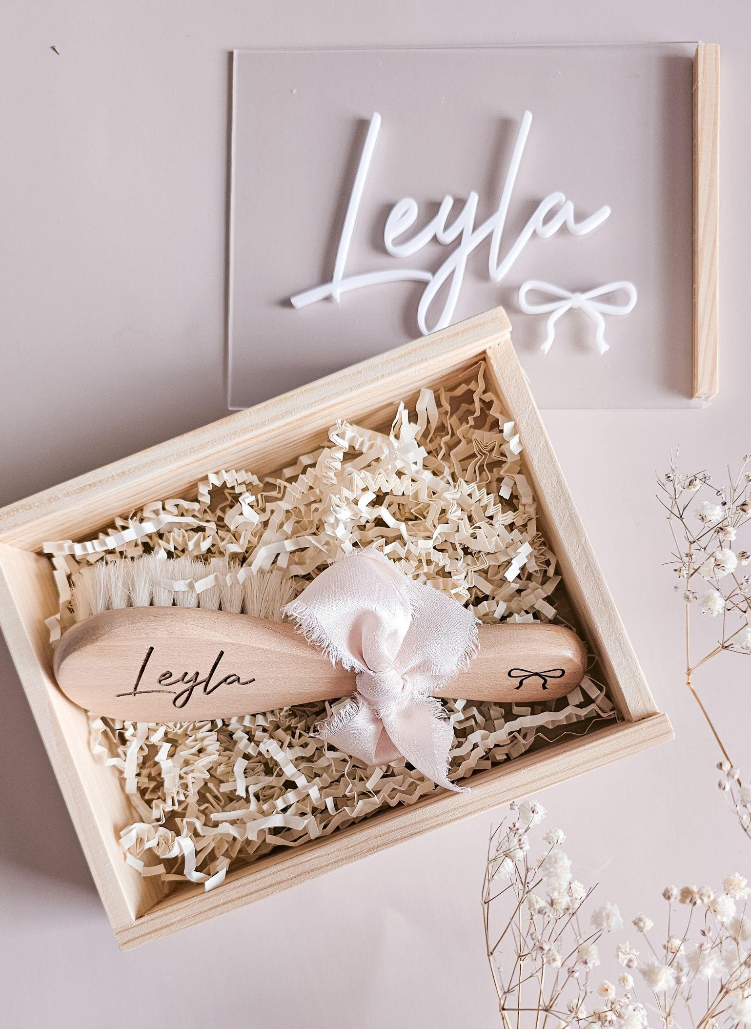 Newborn Gift for Baby Girl Personalized Hair Brush and Name Box Baby Shower Gift Keepsake for New Mom Infant Gift Set Custom First Brush