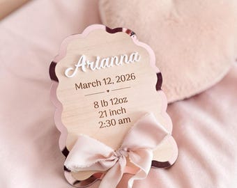 Personalized Birth Stats Sign Newborn Baby Girl Announcement Plaque Keepsake Hospital Photo Prop Scalloped Bow Name Sign Nursery Decor