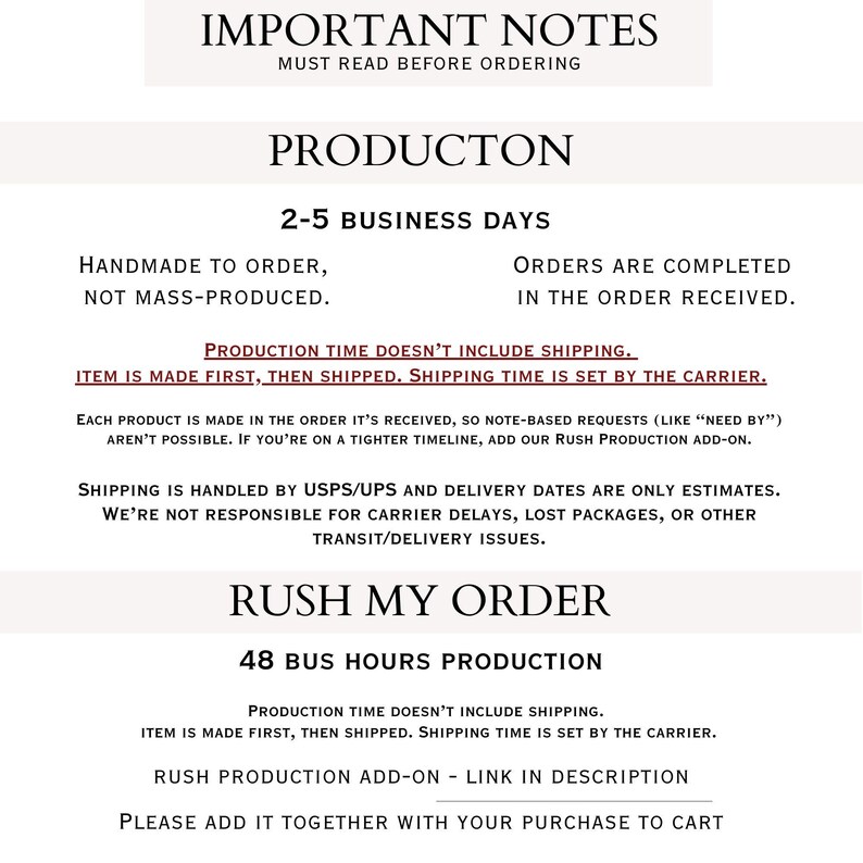 important notes about the production process and rush production, along with a list of items and their corresponding descriptions.