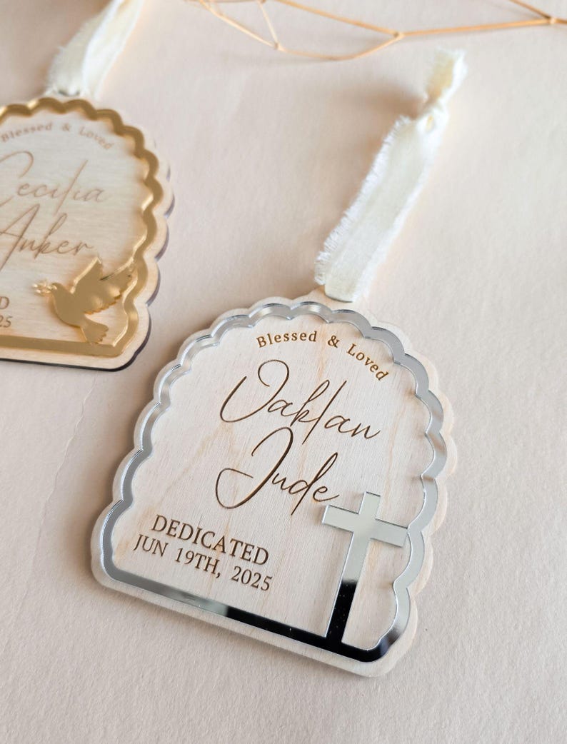 Custom Baptism Ornament for Baby Christening Keepsake Gift to Godson Dedication Sign Christmas Ornament Baptized Kids Faith Milestone Gold image 9