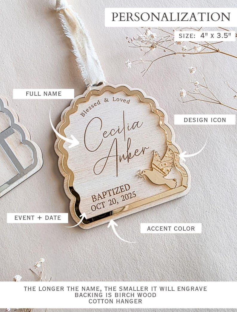 Custom Baptism Ornament for Baby Christening Keepsake Gift to Godson Dedication Sign Christmas Ornament Baptized Kids Faith Milestone Gold image 2