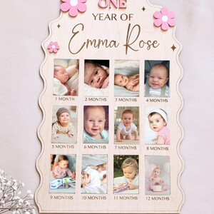 First Year Baby Photo Board Personalized Wooden Milestone Sign Baby Keepsake 12 Month Picture Frame First Birthday Party Christening Decor image 6