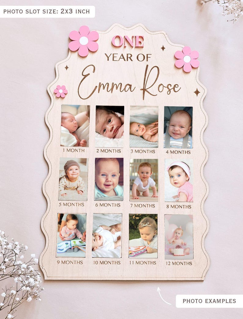 First Year Baby Photo Board Personalized Wooden Milestone Sign Baby Keepsake 12 Month Picture Frame First Birthday Party Christening Decor image 6