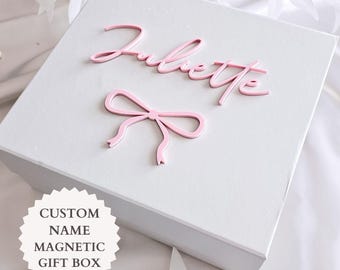Personalized Baby Memory Box with Name Baby Keepsake Box Magnetic Gift Box Custom Newborn Girl Gift First Year Keepsake Box Pink Bow Box