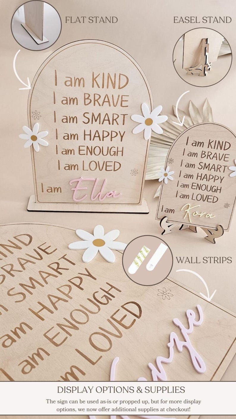 Letrero de positividad para habitación infantil, letrero de madera con afirmación positiva, recordatorio diario para habitación de niña, decoración de margaritas, autoestima positiva para niños pequeños. imagen 3
