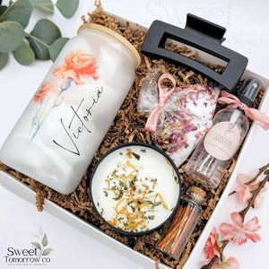 Birth Flower Personalized Glass Cup Birthday Box for Friend Birthday Gift Box Mom Pampering Gift ...