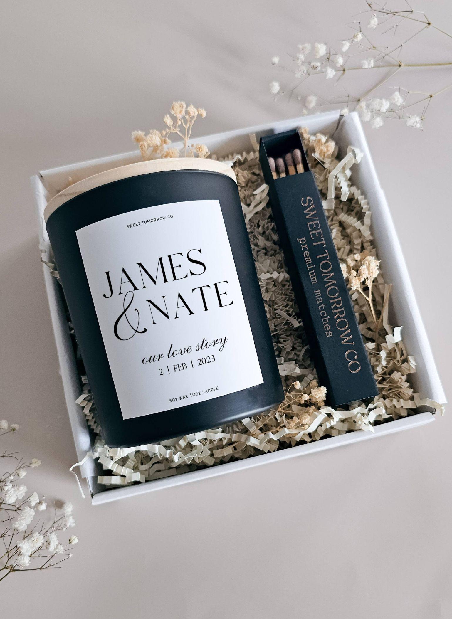 Unique Wedding Gift for Couple Personalized Candle Gift Set Anniversary Custom Name Candle with Matches Gift Box Newlywed Gift Basket Candle