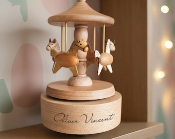 First Christmas Baby Boy Musical Carousel Horses 1st Birthday Keepsake Music Box Wooden Christening Gift Personalized Engraved New Baby Gift