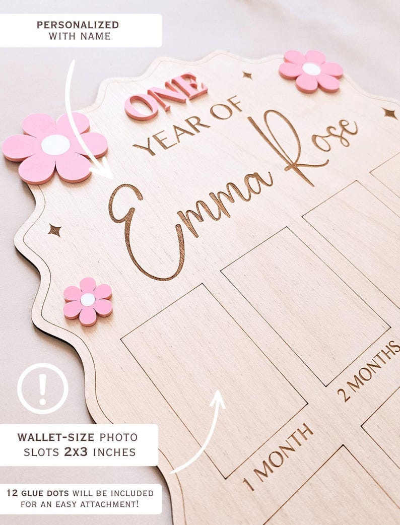 First Year Baby Photo Board Personalized Wooden Milestone Sign Baby Keepsake 12 Month Picture Frame First Birthday Party Christening Decor image 3