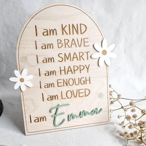Letrero de positividad para habitación infantil, letrero de madera con afirmación positiva, recordatorio diario para habitación de niña, decoración de margaritas, autoestima positiva para niños pequeños. imagen 1