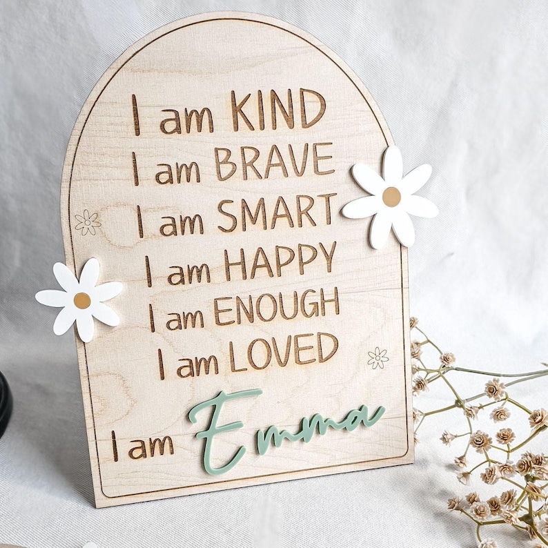 Letrero de positividad para habitación infantil, letrero de madera con afirmación positiva, recordatorio diario para habitación de niña, decoración de margaritas, autoestima positiva para niños pequeños. imagen 1