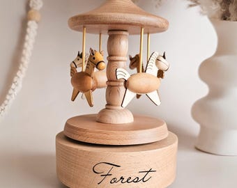 Regalo de primer cumpleaños para bebé: Carrusel musical de recuerdo para sobrina, regalo para baby shower, caja de música para niña, juguete musical de madera para niña, caja personalizada