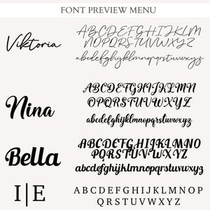 a collection of various font styles and names, including "Viktoria", "Nina", "Bella", and "I/E". These font styles are presented in different fonts and sizes, showcasing a diverse range of lettering options.