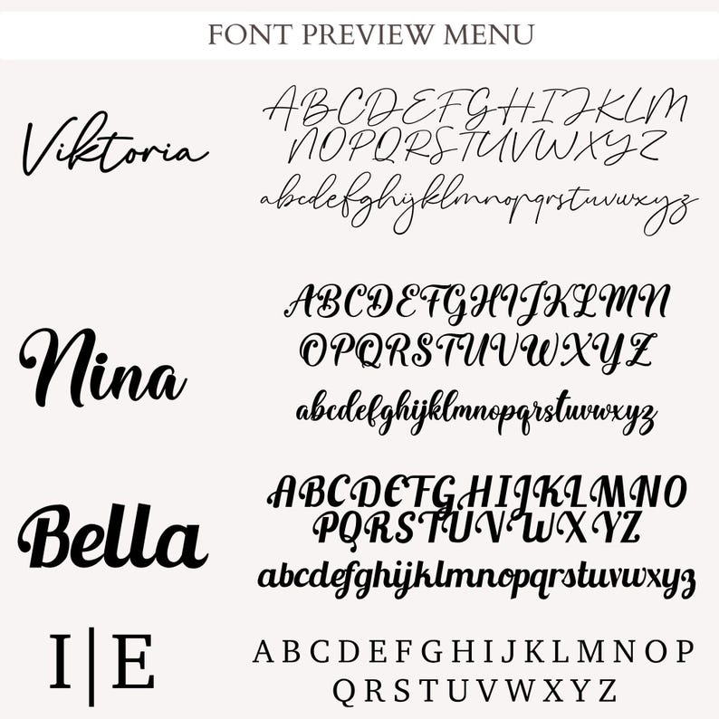 a collection of various font styles and names, including "Viktoria", "Nina", "Bella", and "I/E". These font styles are presented in different fonts and sizes, showcasing a diverse range of lettering options.