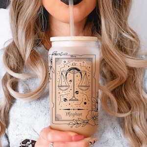 Personalized Zodiac Sign Name Glass Tumbler Best Friend Gift Idea Astrology Glass Cup Celestial Sign Custom Glass Iced Coffee Lover Gift