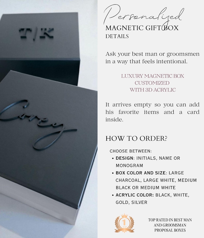 Black Personalized Magnetic Box for Men 3D Acrylic Name Modern Luxury Packaging Empty Male Gift Box Husband Keepsake Groomsmen Favor Package image 2