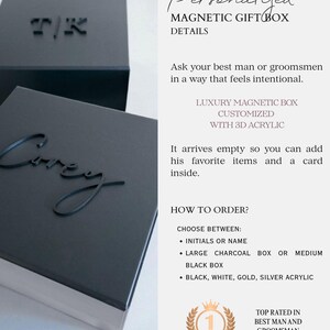 Caja magnética negra personalizada para hombre, acrílico 3D, nombre, embalaje moderno de lujo, caja de regalo vacía para hombre, recuerdo para esposo, paquete de obsequios para padrinos de boda. imagen 3
