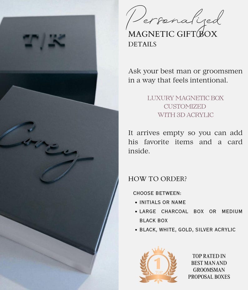 Caja magnética negra personalizada para hombre, acrílico 3D, nombre, embalaje moderno de lujo, caja de regalo vacía para hombre, recuerdo para esposo, paquete de obsequios para padrinos de boda. imagen 3