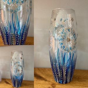 Blue dandelion dream. Beautiful hand painted bullet vase. 26cm. Quirky and unique. Ideal gift.