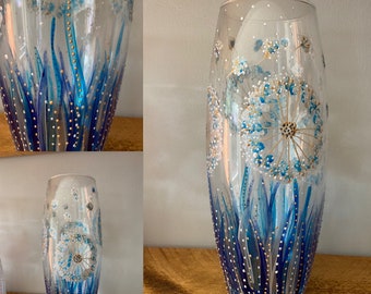 Blue dandelion dream. Beautiful hand painted bullet vase. 26cm. Quirky and unique. Ideal gift.