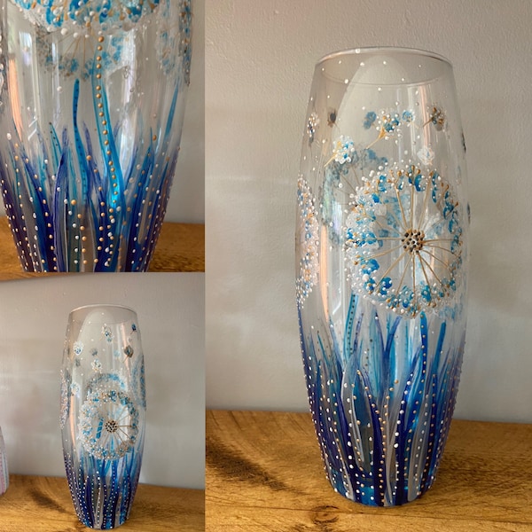 Blue dandelion dream. Beautiful hand painted bullet vase. 26cm. Quirky and unique. Ideal gift.