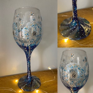 Blue Dandelion dream. Beautiful hand painted wine glass. Ideal gift. Quirky and unique